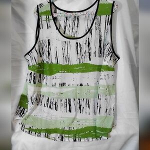 Dalia White Tank with Black Brushstroke and Lime Green Stripes